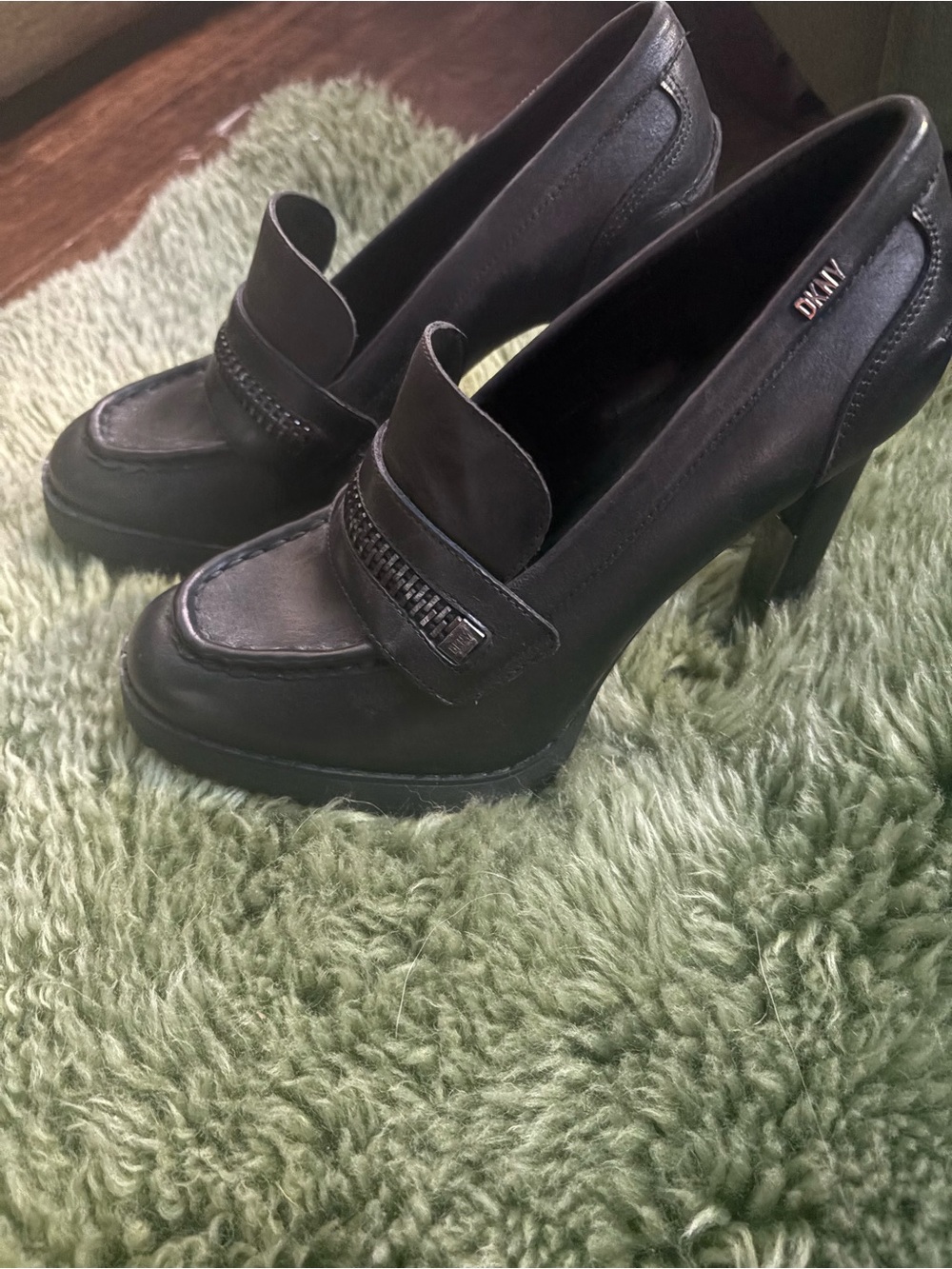 DKNY Black Leather Platform High-Heel Loafer